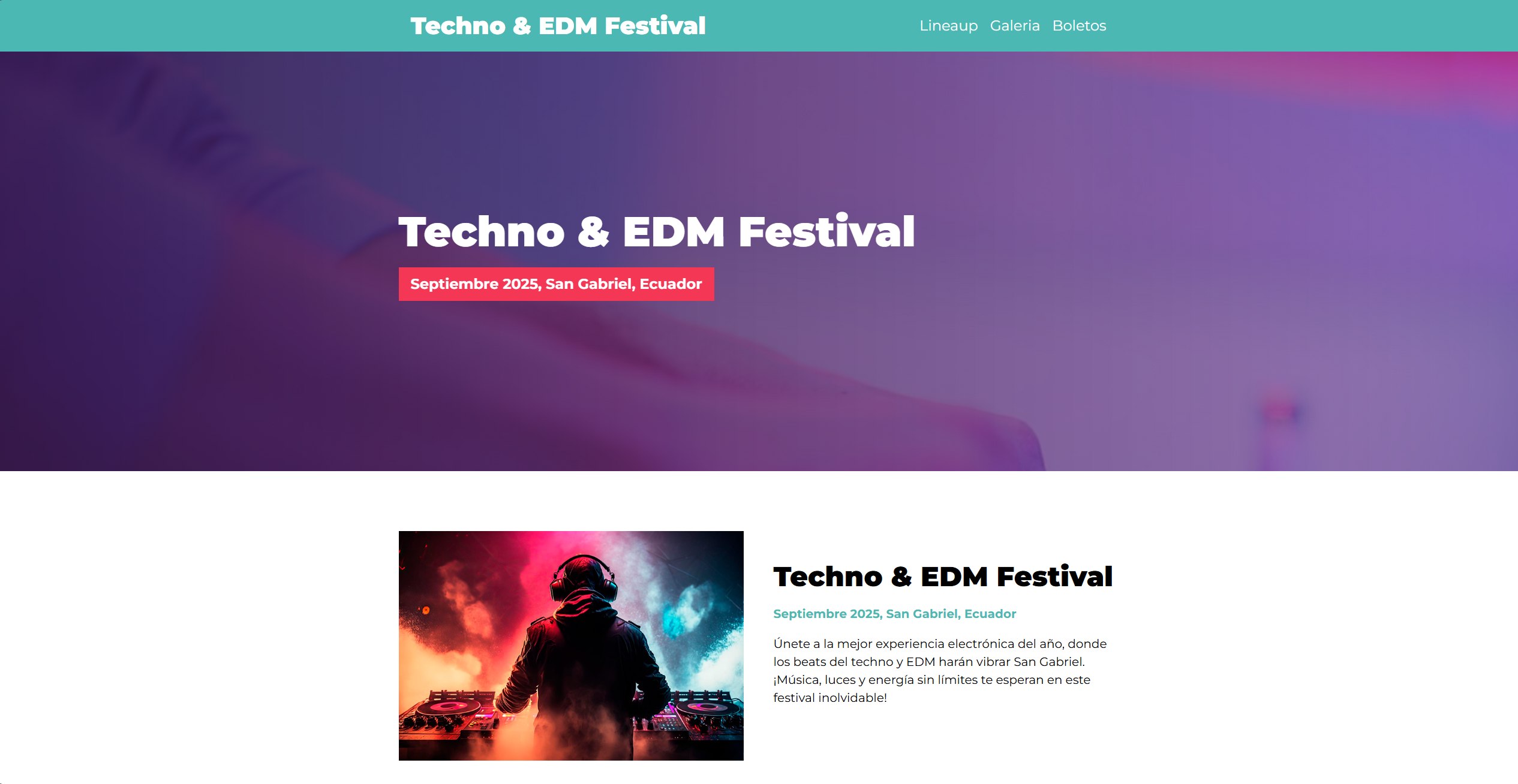 Interfaz del sitio del Techno & EDM Festival mostrando el line-up